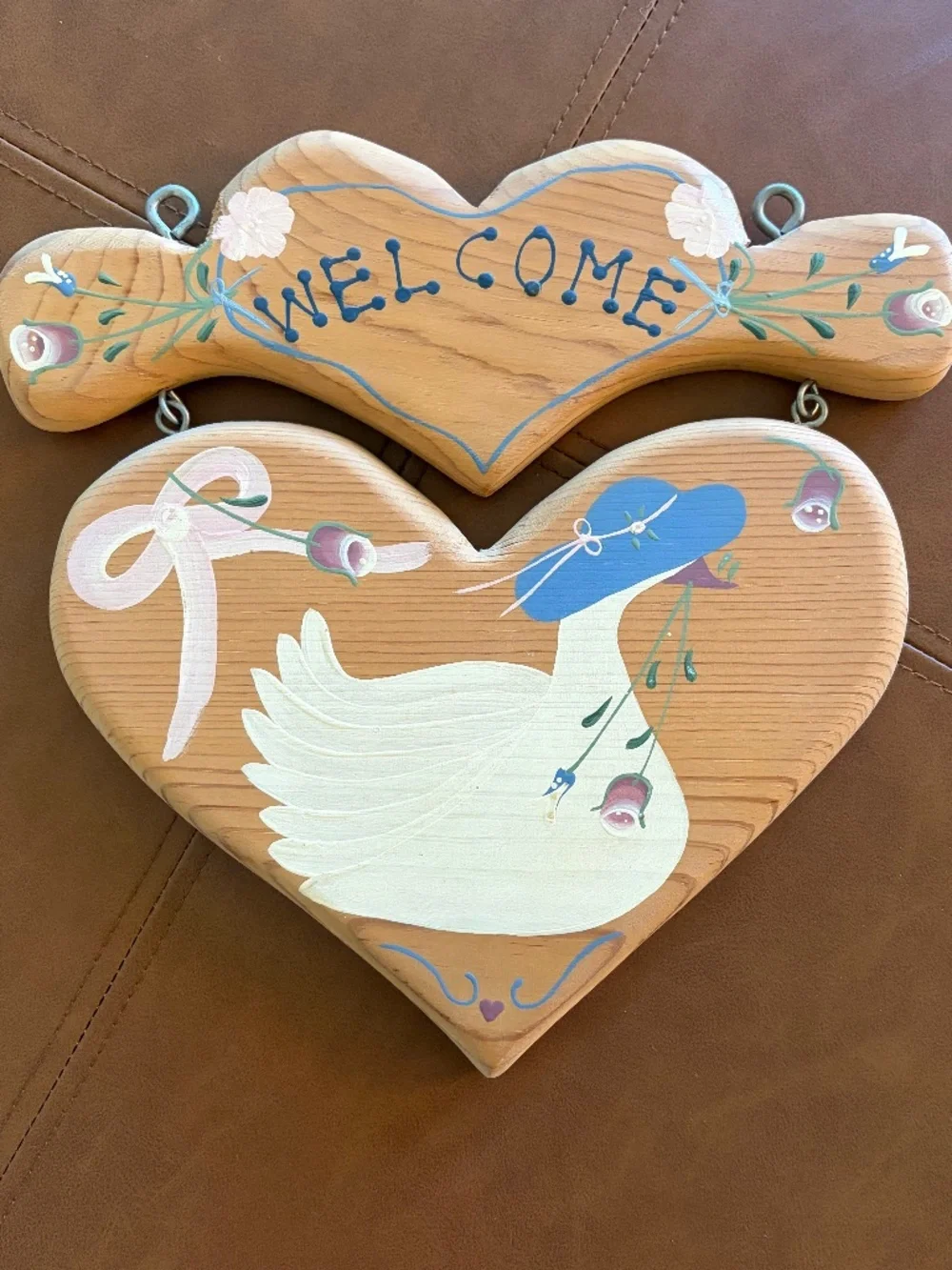 Vintage Hand-Painted Wooden Goose Welcome Sign | Heart-Shaped Country Folk Art